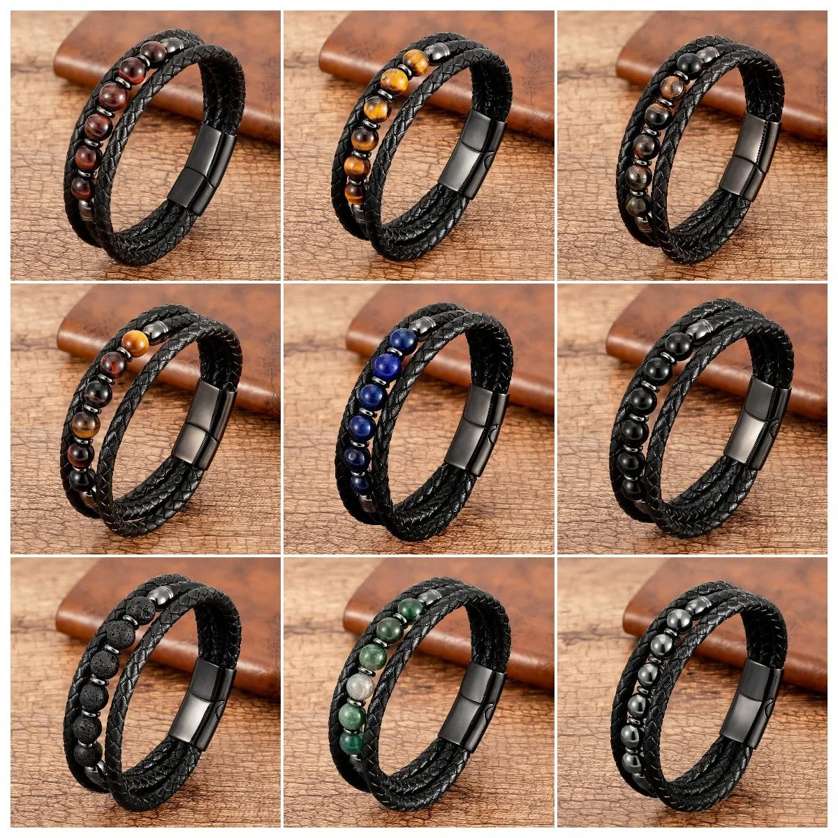 Natural Volcanic Stone Beaded Stone Bracelet, Fashion 3 Rows Handmade Leather Bracelet for Man Design Jewelry and Accessories