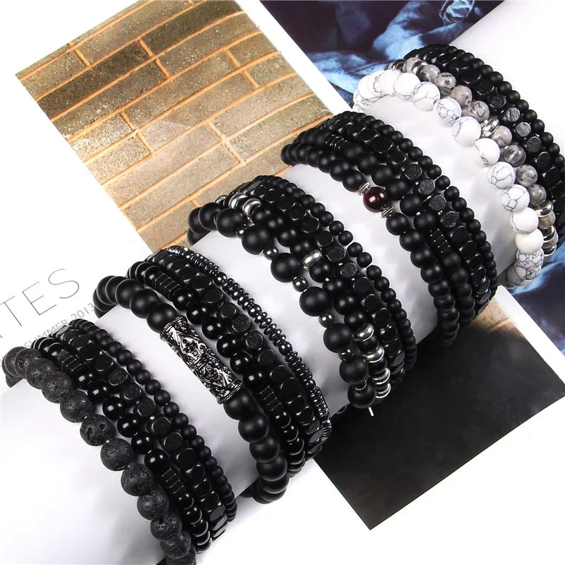 Men Stone Bracelet Set Multi-layer Black Volcanic Wood Beads Elastic Bracelet Viking Homme Pulsera Hombre Hip-Hop Punk Jewelry