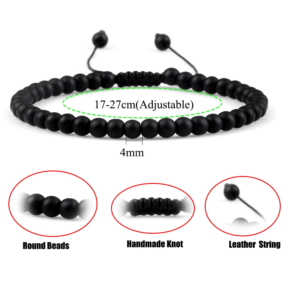 4MM Natural Stone Round Beads Bracelet Women Minimalism Adjustable Leather String Bangles Jewelry Men Healing Yoga Pulsera Gift