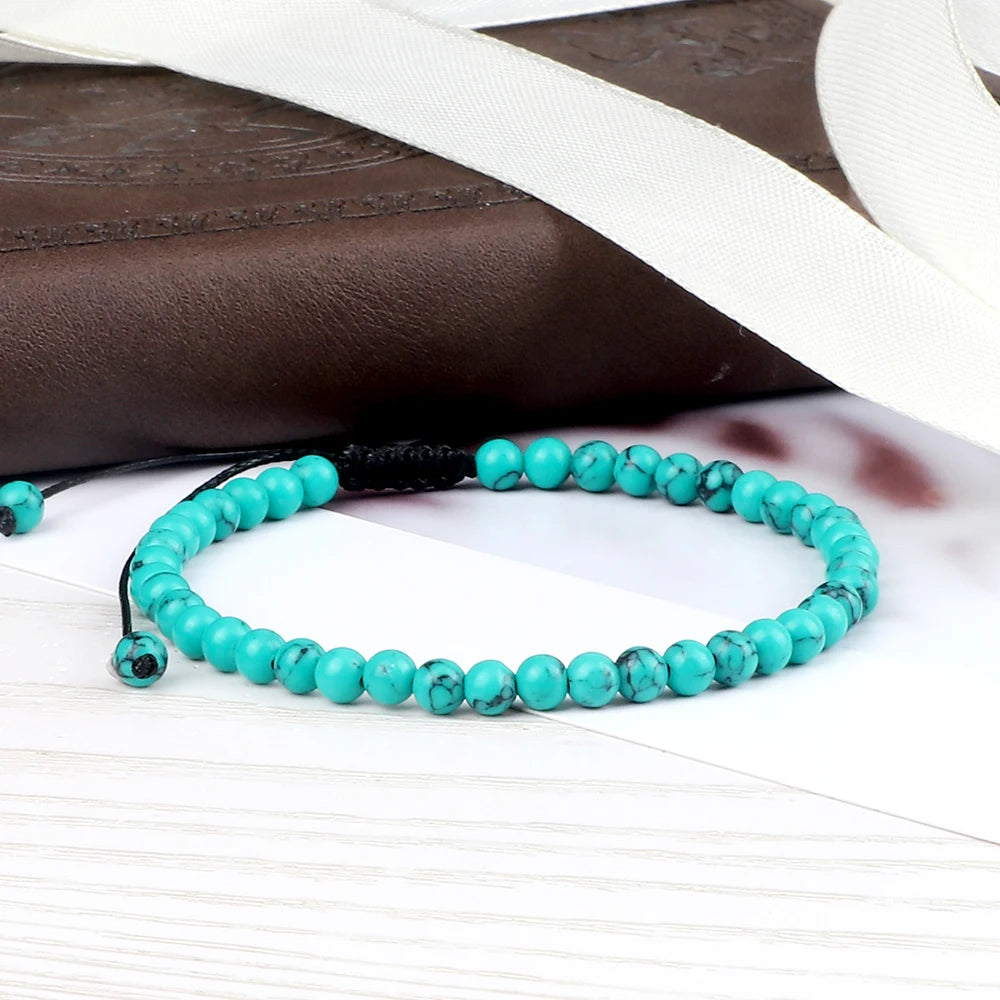 4MM Natural Stone Round Beads Bracelet Women Minimalism Adjustable Leather String Bangles Jewelry Men Healing Yoga Pulsera Gift