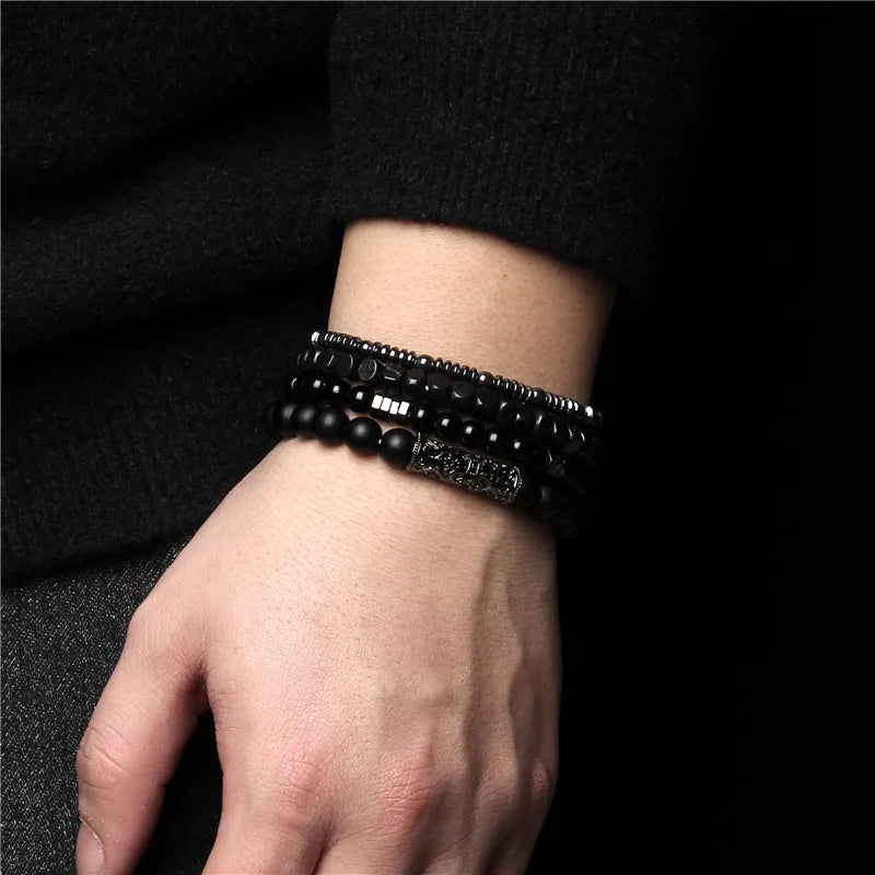 Men Stone Bracelet Set Multi-layer Black Volcanic Wood Beads Elastic Bracelet Viking Homme Pulsera Hombre Hip-Hop Punk Jewelry