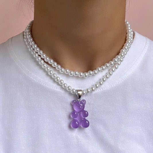 Creative New Transparent Candy Bear Pendant Beaded Necklace for Women Multilayer Imitation Pearls Beads Choker Necklaces Jewelry