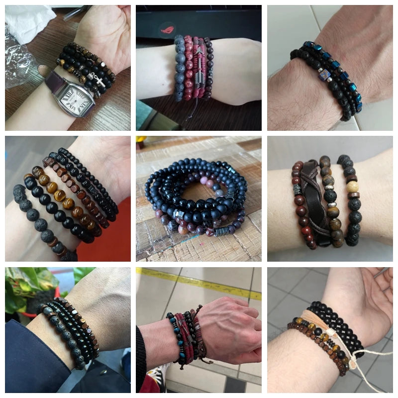 Men Stone Bracelet Set Multi-layer Black Volcanic Wood Beads Elastic Bracelet Viking Homme Pulsera Hombre Hip-Hop Punk Jewelry