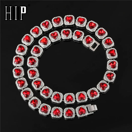 Hip Hop 13mm Iced Out Red Heart Love Rhinestone Tennis Chain Necklace Bracelet for Men Women Jewelry