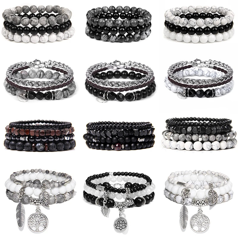 Men Stone Bracelet Set Multi-layer Black Volcanic Wood Beads Elastic Bracelet Viking Homme Pulsera Hombre Hip-Hop Punk Jewelry