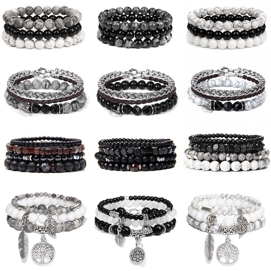 Men Stone Bracelet Set Multi-layer Black Volcanic Wood Beads Elastic Bracelet Viking Homme Pulsera Hombre Hip-Hop Punk Jewelry