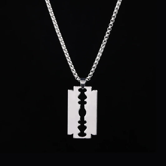 Kpop Safety Blade Razor Pendant Necklace for Men Long Chain Collar Hiphop Jewelry for Men Boys Geometric Dangling Party Gift