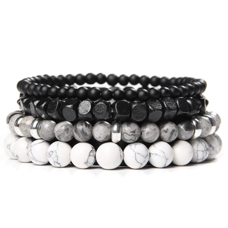 Men Stone Bracelet Set Multi-layer Black Volcanic Wood Beads Elastic Bracelet Viking Homme Pulsera Hombre Hip-Hop Punk Jewelry